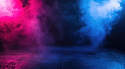Fototapeta premium Vibrant Neon Blue and Pink Glow in a Darkened Basement: An Abstract Scene with Smoky Atmosphere