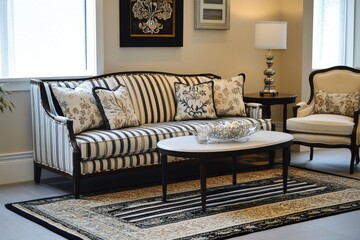 Elegant Striped Rug with Cushions on a Chic Beige Couch in a Modern Living Room