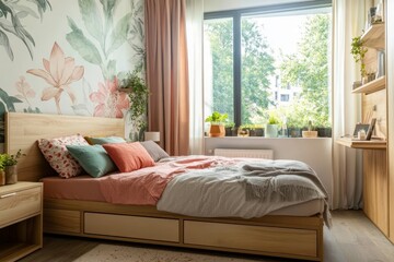 Stylish minimalist bedroom with wooden bed frame, natural light, and cozy botanical decor