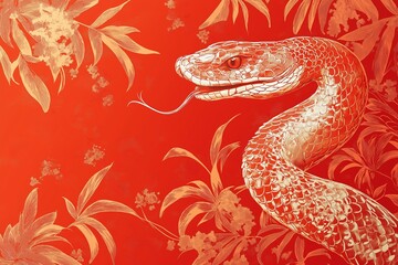 Obraz premium Design of snake on red background with traditional China patterns, symbol of 2025 year