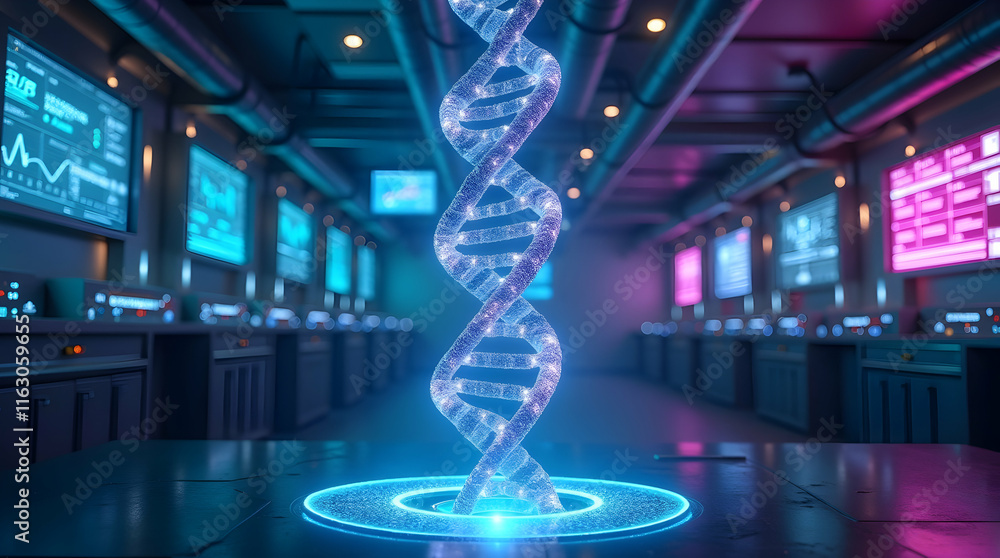 Aufkleber 3d dna double helix hologram glowing in dark laboratory with multiple computer monitors.