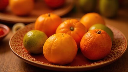 A decorative plate filled with fresh oranges, tangerines, and limes placed on a wooden surface, representing abundance and freshness. Generative, AI,