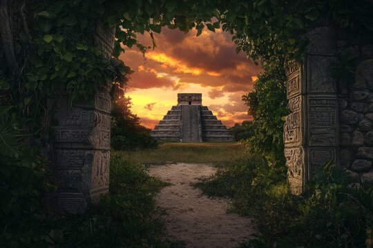 Vibrant sunset over kukulc n el castillo at chich n itz with lush vegetation and stone carvings