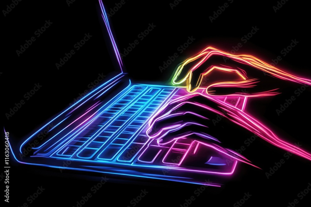 Poster illuminated keyboard in vibrant hues for gamers: a high-tech workspace setup