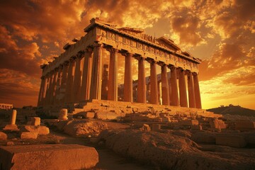 Obraz premium Stunning sunset over the acropolis of athens a glimpse of ancient greek heritage and architecture