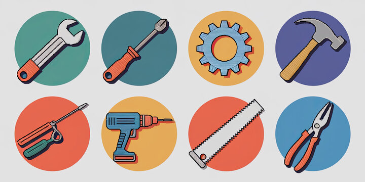 Colorful Tool Icons Wrench Screwdriver Gear Hammer Drill Saw Pliers DIY