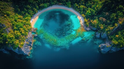 Aerial view of secluded cove with turquoise water, white sand beach, and lush green foliage.