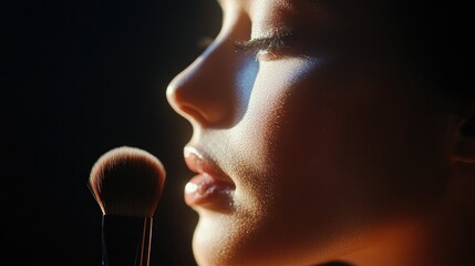 Close-up Profile of a Woman with Makeup Brush: Beauty, Cosmetics, and Skincare