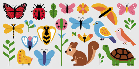 Fototapeta premium Colorful Nature Illustration Birds Insects Animals Plants