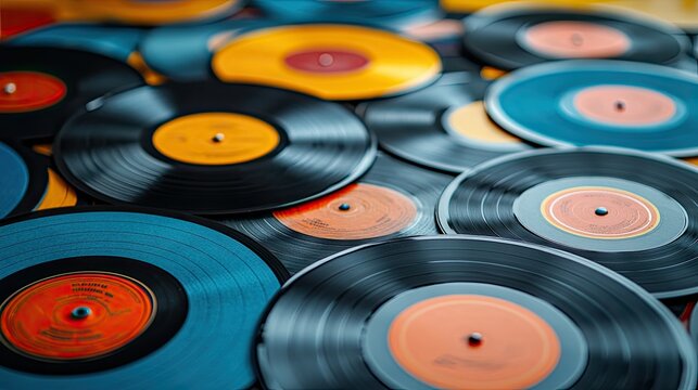 A collection of colorful vinyl records spread out on a surface, showcasing a nostalgic music theme.