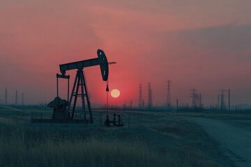 Naklejka premium Dusk Serenity: Pumpjacks Silhouetted Against the Vibrant Sunset of Daqing Oil Field