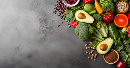 Fresh vegetables and fruits arranged on a dark background showcasing healthy eating options and vibrant colors in a kitchen setting perfect for meal preparation and nutrition planning