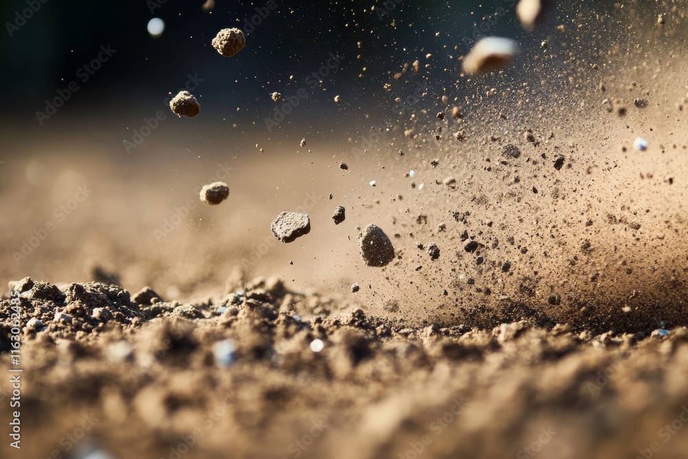 Poster dynamic close up of soil and rocks in motion, capturing texture and depth in earthy tones