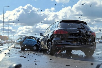 Realistic scene of a modern car collision  black suv rear ends blue sedan on paved road