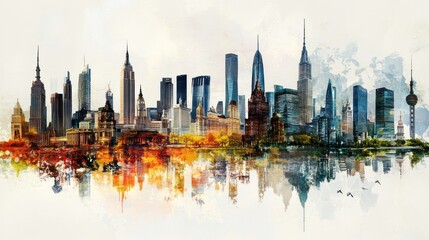 Fototapeta premium A watercolor painting of a city skyline with tall buildings, reflecting on a body of water.