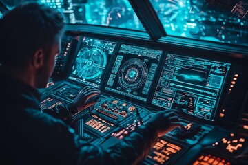 Fototapeta premium Pilot in spaceship control room