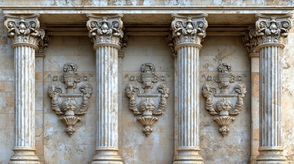 Antique columns and ornate carvings on a weathered stone wall.