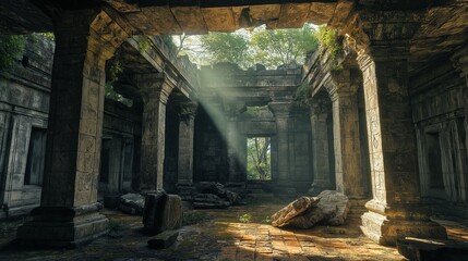 Naklejka premium Sunlight filters through ancient ruins showcasing nature's embrace in a serene setting