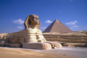 Majestic great sphinx and pyramid of khafre against a clear sky in giza, egypt s desert landscape