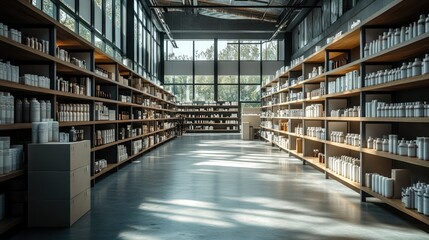 Fototapeta premium Spacious warehouse interior with shelves stocked with various products, illuminated by natural light from large windows.