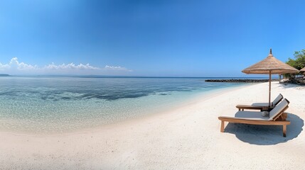 Fototapeta premium Stunning beachfront scene with sun loungers, clear ocean, and bright sky for travel promotions