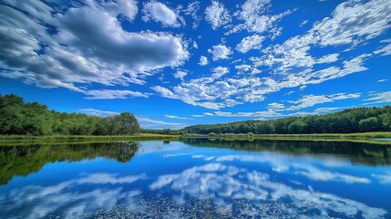 Fototapeta premium Blue sky with clouds and a lake in the foreground
