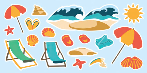 Summer Beach Vacation Sun Sand Sea Shells Chairs Umbrellas Flip Flops
