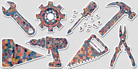 Colorful Mosaic Tools Wrench Gear Hammer Saw Drill Pliers