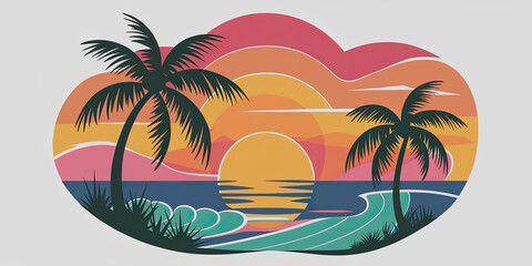 Obraz premium Tropical Sunset Beach Scene Palm Trees Ocean Waves Summer Vacation