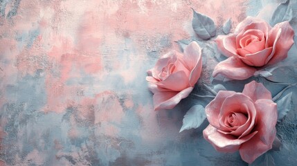 Three Pink Roses on a Textured Blue Background