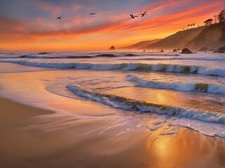 Obraz premium Stunning ocean sunset with waves creating foam on sandy beach, vibrant colors illuminating the sky, birds in flight adding beauty, perfect for marketing relaxation and inspiring coastal getaways.