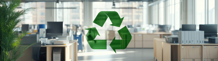 Obraz premium Recycling symbol in an office environment symbolises a sustainable working environment, created with generative AI technology