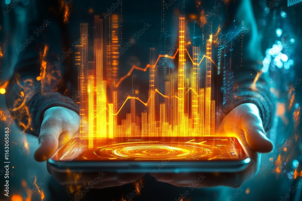 Poster dynamic concept of data analytics and financial growth with holographic displays and energy effects