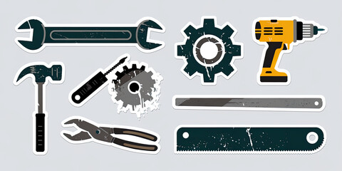 Obraz premium Tools Stickers Wrench Hammer Drill Saw Pliers Gear Screwdriver DIY Repair Mechanic Construction