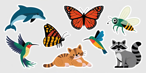 Fototapeta premium Adorable Animal Stickers Cute Cat Butterfly Hummingbird Bee Dolphin Raccoon