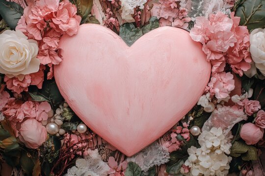 Vintage heart-shaped postcard surrounded by flowers and butterflies. Generative AI