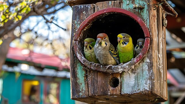 Four parakeets nestled together inside a rustic wooden birdhouse.