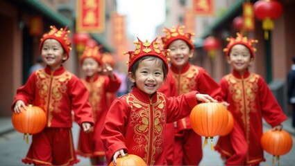 Fototapeta premium A group of children in festive red attire with golden details, holding orange lanterns, celebrates joyfully during a traditional festival in a vibrant street setting. Generative, AI,