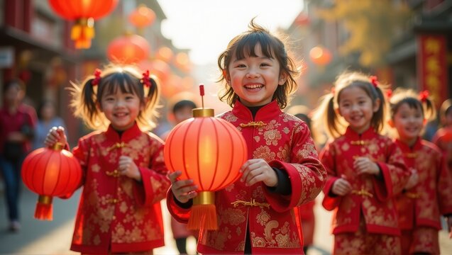 A group of children in festive red attire with golden details, holding orange lanterns, celebrates joyfully during a traditional festival in a vibrant street setting. Generative, AI,