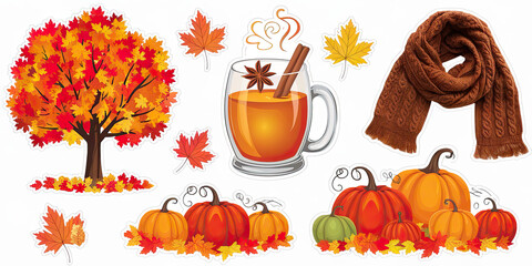 Autumn Harvest Pumpkins Tree Leaves Scarf Hot Drink