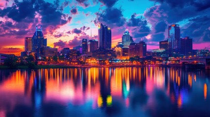 Obraz premium A vibrant cityscape skyline at sunset, with colorful reflections in the water.