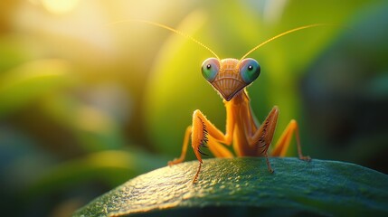 Cute cartoon praying mantis on leaf.