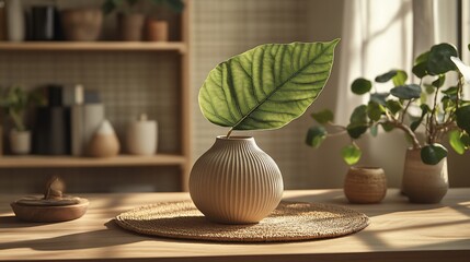 Single green leaf in a ribbed ceramic vase on a wooden table.