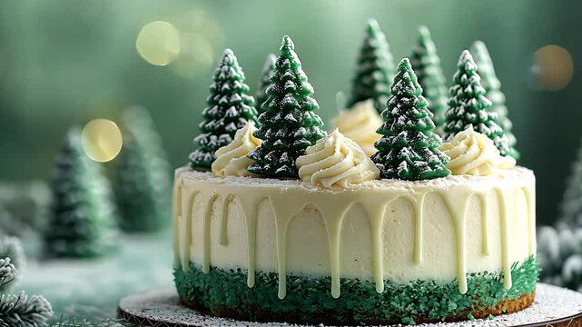 White chocolate drip cake decorated with green Christmas trees on a green background.