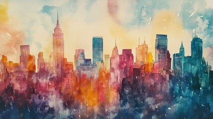 Obraz premium Watercolor painting of a city skyline with skyscrapers and colorful clouds in the background.