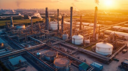 Fototapeta premium A large industrial complex with an LPG gas supply network, pipes, and storage tanks