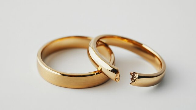 Symbolic representation of broken commitment: two gold wedding rings with one broken