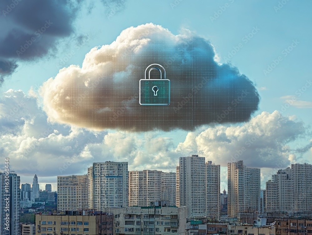 Poster futuristic cityscape featuring minimalist clouds and metallic lock icon representing data security