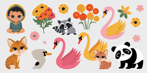 Naklejka premium Cute Baby Animals Flowers Illustration Nursery Decor Kids Art Spring Design