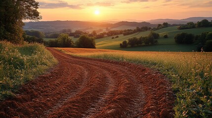 Rural Dirt Road Sunset Over Rolling Hills Landscape